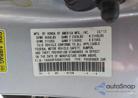 2013 Acura Tl 3.5 z USA, uszkodzony, nr VIN 19UUA8F5XDA010469